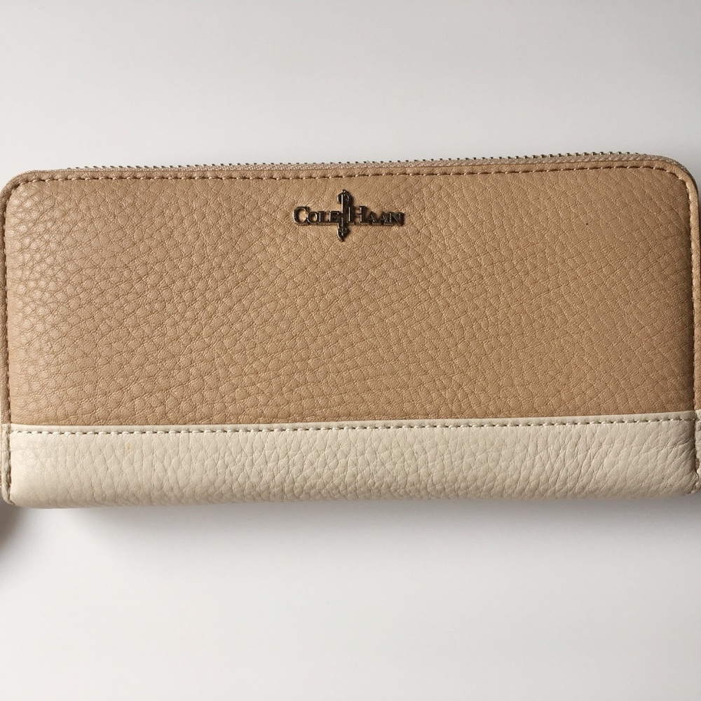 Cole Haan Sandstone Zip Wallet with Coral Interior